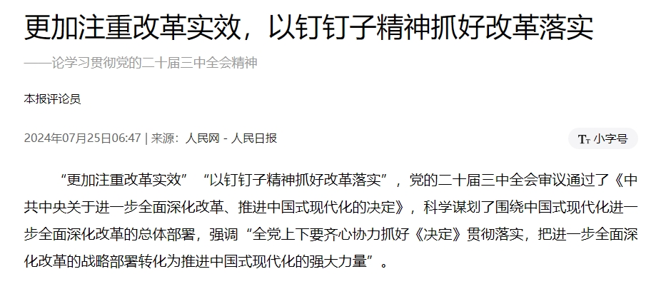 更加注重改革实效，以钉钉子精神抓好改革落实 ——论学习贯彻党的二十届三中全会精神